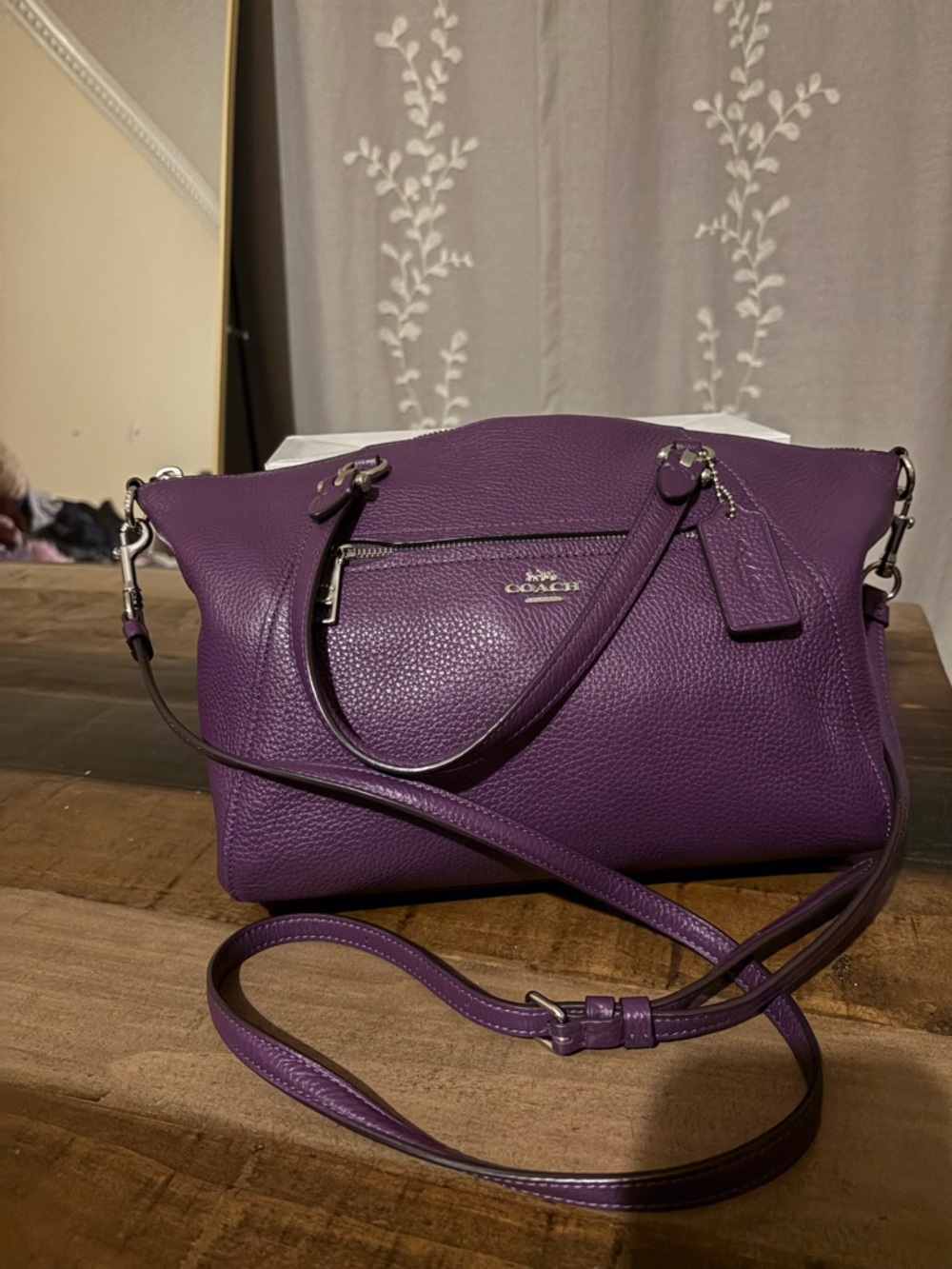 Coach Prairie Purple Pebble Leather Satchel with Crossbody Strap